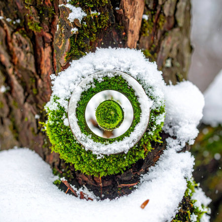 In the quiet heart of a winter forest, a precise geodetic survey marker emerges from a blanket of fresh snow and vibrant green moss.の素材