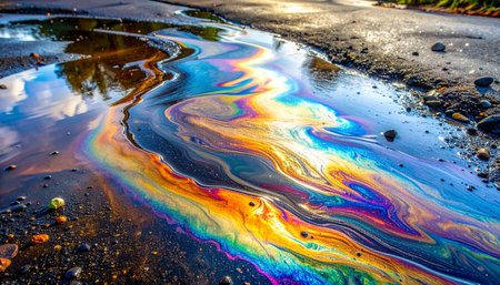 A mesmerizing display of psychedelic colors swirls across a wet pavement, a beautiful yet stark reminder of environmental pollution.の素材