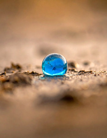 A single, luminous blue marble rests on the textured earth, a tiny sphere of clarity and hope against a soft, warm background.の素材
