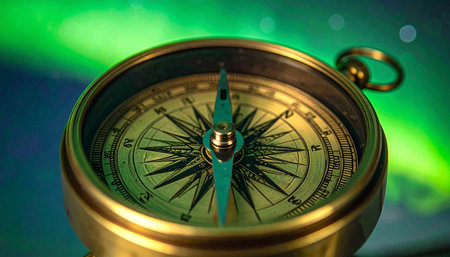 An antique brass compass points the way forward, its needle steady under the ethereal green glow of the aurora borealis.の素材