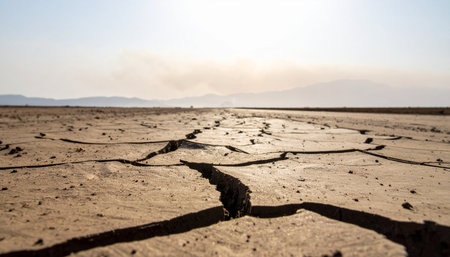 A low-angle view captures the immense scale of a parched, cracked earth landscape stretching to a hazy horizon.の素材