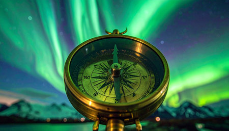 An antique brass compass points the way forward, illuminated by the magical, dancing green glow of the Aurora Borealis.の素材