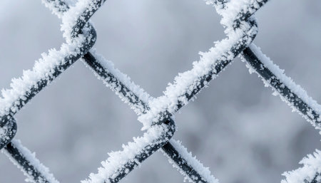 A macro view captures the intricate beauty of ice crystals clinging to a metal chain-link fence.の素材