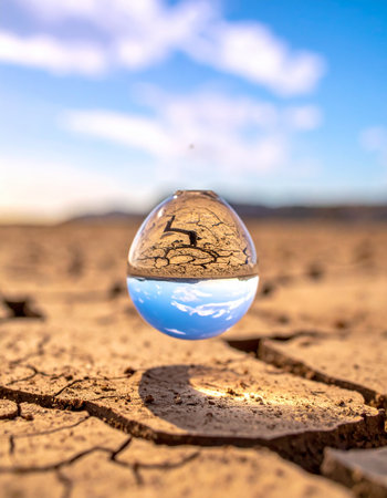 A single, perfect sphere of pure water hovers magically above the parched, cracked earth of a vast desert.の素材