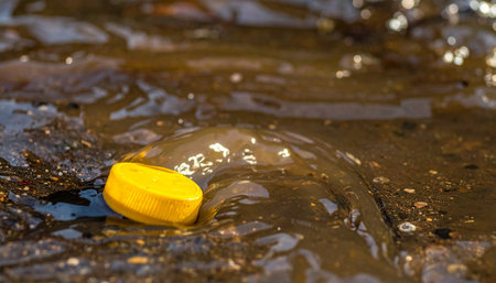 A single yellow plastic bottle cap floats in the murky, brown water of a stream, a stark symbol of environmental pollution.の素材