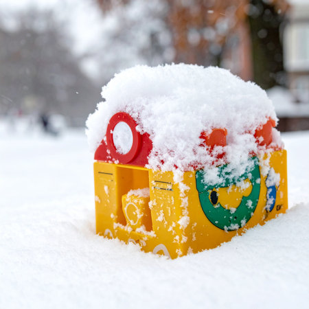 A bright yellow children's toy, a forgotten relic of sunny afternoons, is covered by a fresh blanket of winter snow.の素材