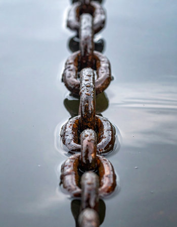 A heavy, weathered chain, its rusty links telling a story of time and endurance, dips into the calm, still water.の素材