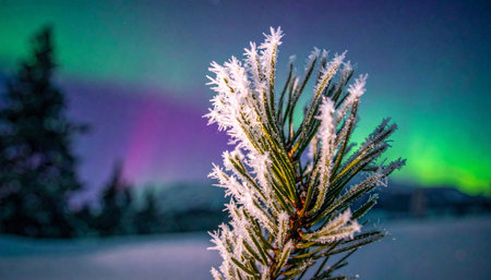 In the deep stillness of an arctic night, delicate ice crystals cling to a pine branch, catching the ethereal glow of the aurora borealis dancing across the sky.の素材