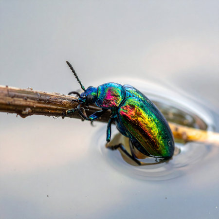A stunning macro photograph captures a moment of quiet survival. A vibrant, iridescent beetle with a rainbow-colored shell clings to a delicate twig, its body just touching the calm water's surface.の素材