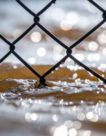 After the downpour, raindrops cling to a black chain-link fence, each one a tiny lens reflecting the glistening, blurred lights on the water's surface.の素材