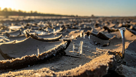 As the first rays of a golden sunrise stretch across a desolate landscape, a rare phenomenon occurs.の素材