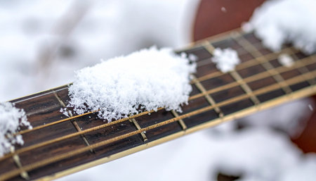 A close-up captures the quiet beauty of an acoustic guitar's fretboard resting in the cold, covered by a blanket of fresh winter snow.の素材