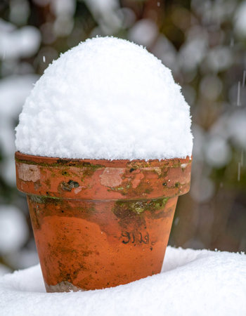 A classic terracotta pot wears a cap of freshly fallen snow, a quiet still life in a winter garden.の素材