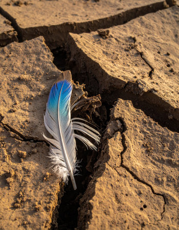A single, vibrant blue feather rests in a deep fissure of dry, cracked earth.の素材