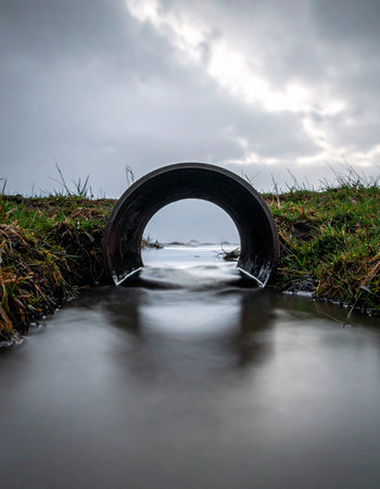 A long exposure shot captures the serene yet powerful flow of water through a large drainage culvert.の素材