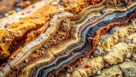 A stunning macro view reveals the intricate and colorful layers of a geological formation.の素材