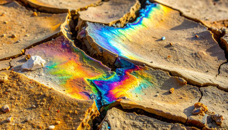 A stunning yet unsettling close-up captures the vibrant, iridescent colors of an oil slick pooling in the deep cracks of parched, dry earth.の素材