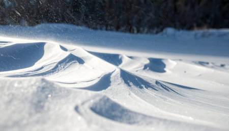 Bright winter sunlight casts deep blue shadows across a field of pristine, wind-sculpted snow drifts.の素材