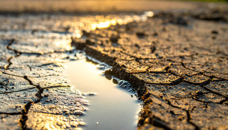 As the sun sets, its golden light catches the last remaining puddle of water, a precious lifeline snaking through the deeply cracked and arid earth.の素材