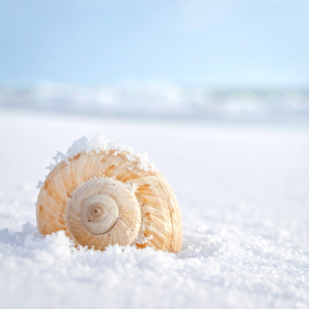 A single, beautifully spiraled seashell rests gently on a bed of pure white sand.の素材