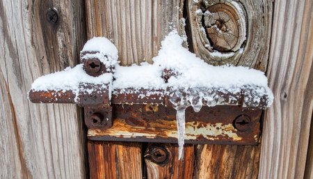 A close-up of an old, rusty latch on a weathered wooden door, sealed shut by a blanket of fresh snow and a single icicle.の素材