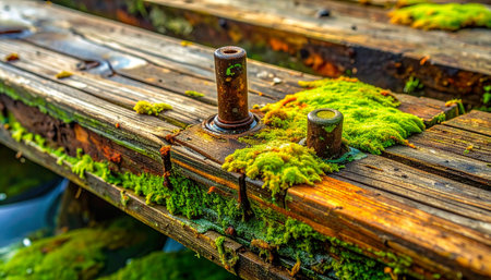 In a quiet, forgotten corner, vibrant green moss thrives on the decaying wooden planks of an old structure.の素材