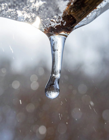 A single drop of water clings to the tip of a melting icicle, a crystal-clear harbinger of spring's arrival.の素材