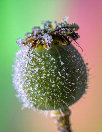 A delicate poppy seed head and a tiny insect are caught in a moment of stillness, preserved by the first crystalline frost of the season.の素材