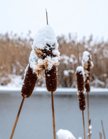 A quiet winter morning by the water's edge, where cattails stand tall, each wearing a delicate cap of freshly fallen snow.の素材