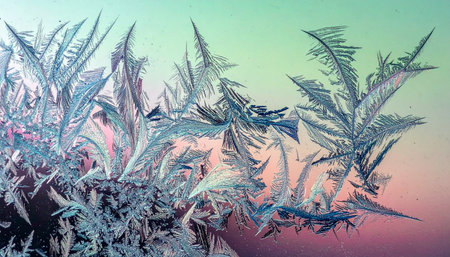 Intricate ice crystals bloom across a frozen windowpane, creating a delicate, fern-like pattern.の素材