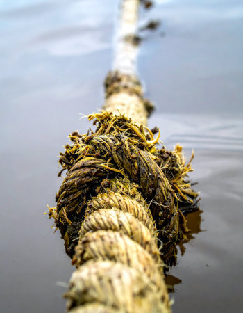 A thick, weathered rope, entangled with seaweed, lies partially buried in the wet sand.の素材
