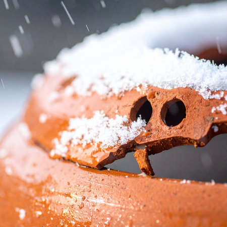 Delicate snowflakes gently settle on a weathered terracotta chimney pot, creating a beautiful and serene contrast between the cold white snow and the warm, earthy clay.の素材