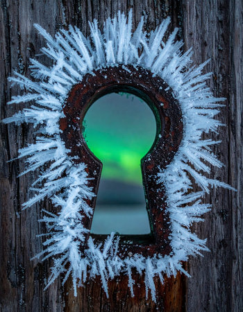 Peering through a keyhole encrusted with sharp ice crystals reveals a breathtaking secret.の素材