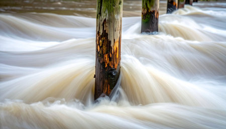 A long exposure captures the relentless flow of water around weathered wooden pier posts.の素材