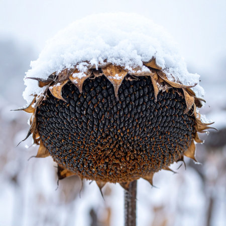 A lone, withered sunflower stands resilient against the cold, its once-vibrant head now a stark silhouette topped with a delicate blanket of fresh winter snow.の素材