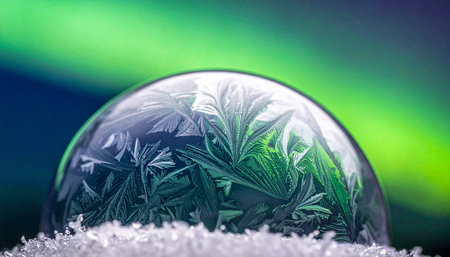 A delicate soap bubble freezes in the arctic air, capturing intricate frost patterns within its fragile sphere.の素材