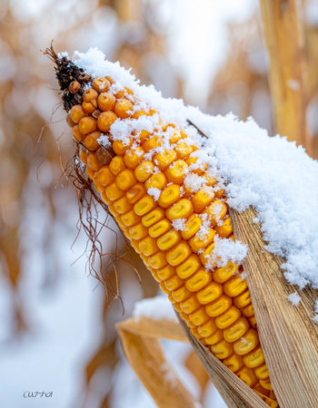 A lone ear of corn stands resilient in a winter field, its golden kernels dusted with the first snow of the season.の素材