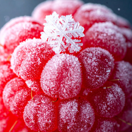 A perfect, intricate snowflake gently rests atop a cluster of vibrant red raspberries, each drupelet coated in a delicate layer of sparkling frost.の素材
