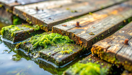 A close-up perspective of an old, weathered wooden pier where vibrant green moss thrives on the damp planks.の素材