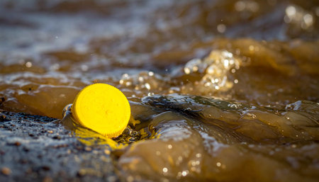 A single yellow plastic cap floats adrift in the murky, flowing water of a polluted river.の素材