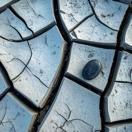 A single, smooth dark stone rests in the intricate mosaic of a sun-baked mudflat.の素材