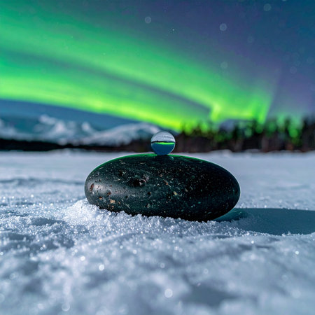 In the profound silence of a frozen arctic night, a perfectly balanced stone and sphere rest on the crisp snow.の素材