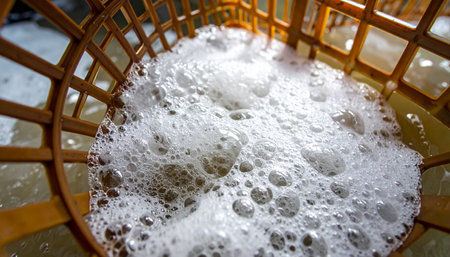 A macro, wide-angle perspective captures the intricate and cellular-like structure of white soap foam filling a brown basket.の素材