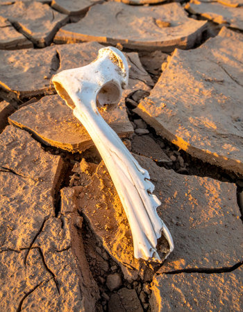 In the warm glow of a setting sun, a sun-bleached animal bone rests upon the deeply cracked, parched earth.の素材