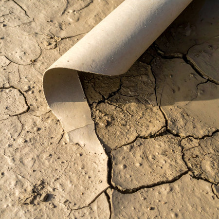 A macro view of parched, cracked earth where a top layer of sun-baked mud curls back, peeling away to reveal the arid ground beneath.の素材