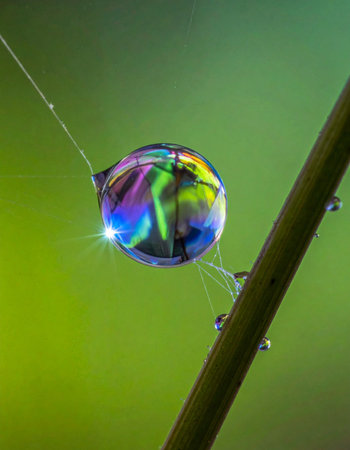 A single, perfect droplet of water clings delicately to a blade of grass, capturing a world of vibrant, iridescent color within its tiny sphere.の素材
