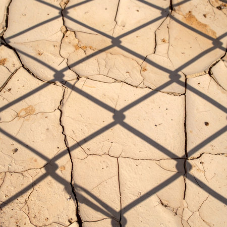A perfect, orderly grid of shadows falls upon a chaotic, fractured surface of dry, cracked earth.の素材