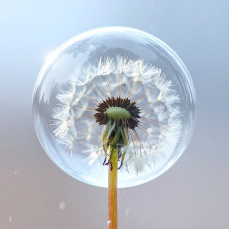 A delicate dandelion seed head is perfectly preserved inside a fragile, transparent bubble.の素材