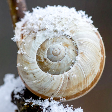 A delicate snail shell, a perfect spiral of nature's design, rests on a branch, receiving its first dusting of winter snow.の素材
