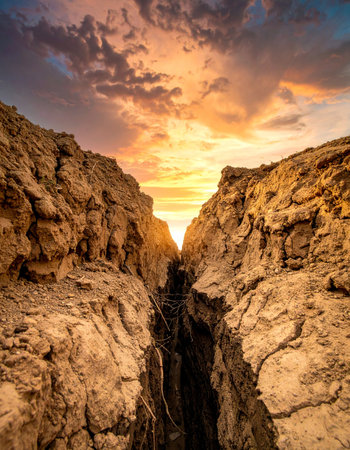 A breathtaking sunset casts a golden glow through the narrow passage of a deep, rocky canyon.の素材